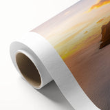 Vibrant rolled canvas artwork depicting majestic coastal cliffs at sunset, showcasing rich orange and purple hues, ideal for enhancing home decor.