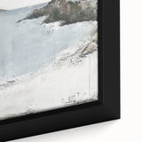 Close-up of a framed canvas showcasing abstract architecture wall art, featuring geometric shapes in muted tones of blue and gray, perfect for modern home decor.