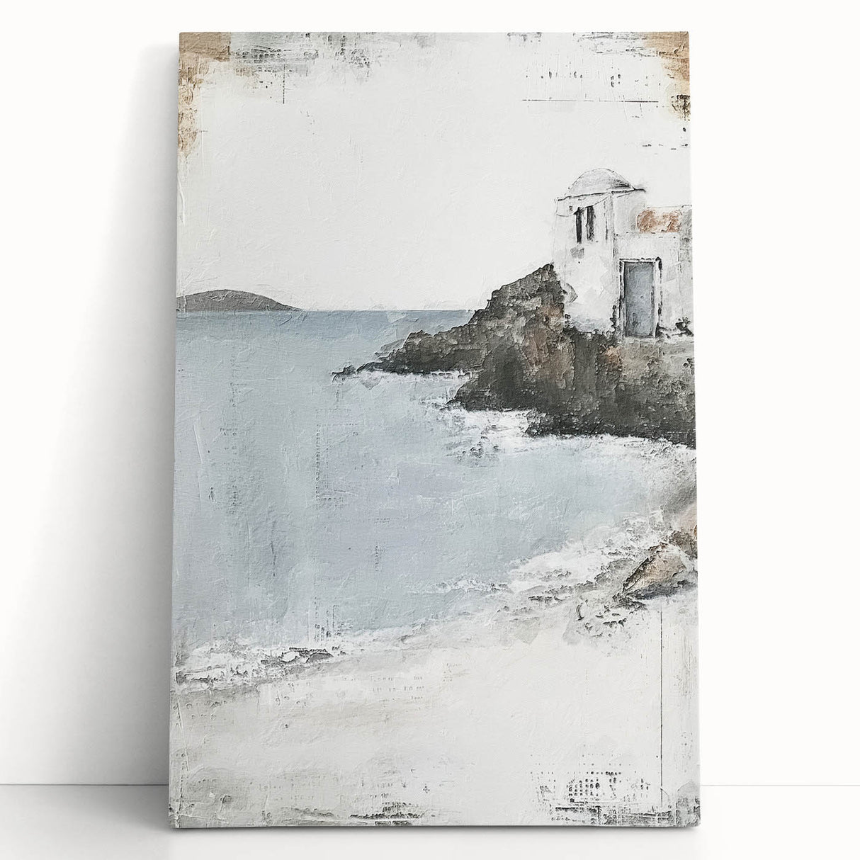 Abstract architecture wall art on stretched canvas, showcasing geometric patterns in soft earth tones, leaning against a neutral wall, perfect for modern decor.