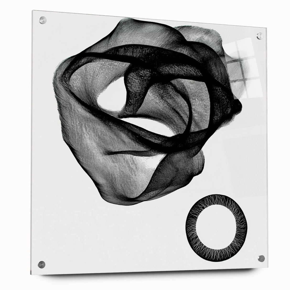 Abstract geometric acrylic wall art featuring vibrant colors and sharp angles, displayed in a modern setting with decorative pins, ideal for contemporary decor.
