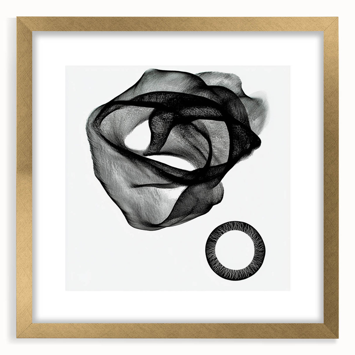 Abstract geometric frame with a gold mat, showcasing a modern design that enhances wall decor aesthetics, perfect for contemporary interiors and art lovers.