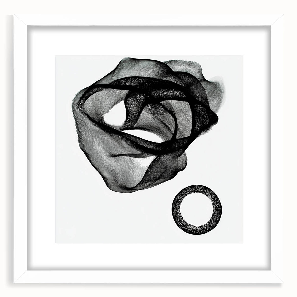 Abstract geometric frame design in a white matte finish, showcasing a modern aesthetic suitable for gallery walls or contemporary decor. The frame features clean lines and a minimalist style, enhancing any art piece or photograph displayed within it.
