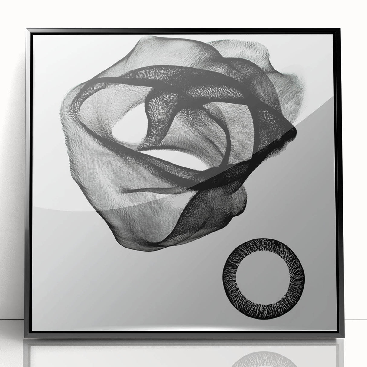Abstract geometric framed acrylic artwork in black, showcasing sharp angles and modern design elements, perfect for contemporary home decor. Ideal for adding a stylish touch to any living space.