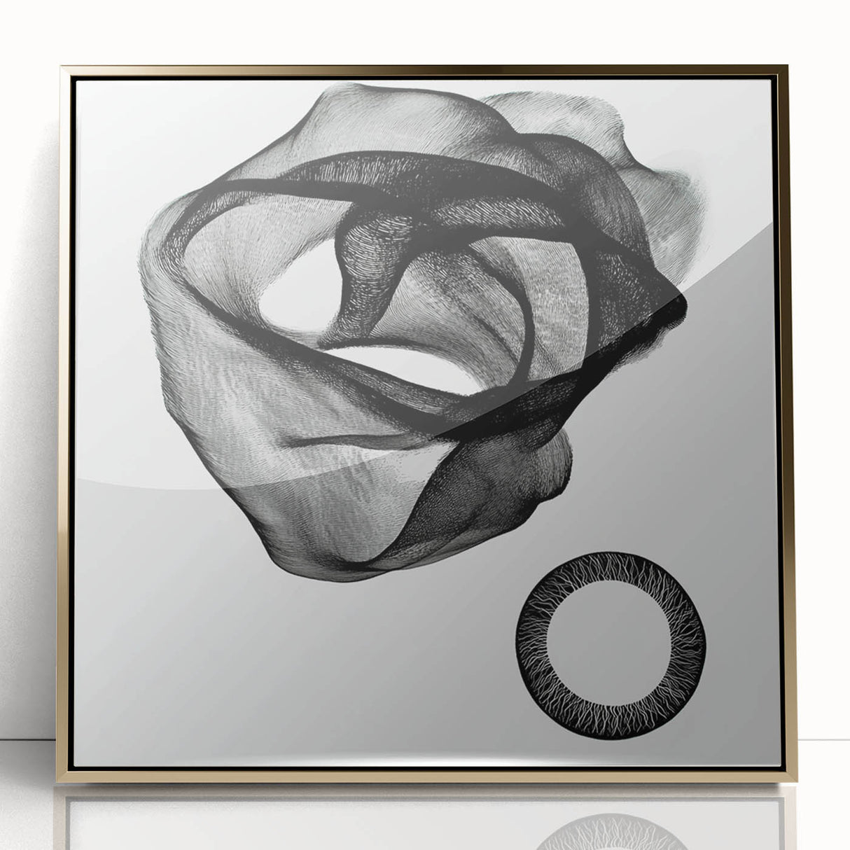 Framed abstract geometric wall art showcasing a modern design with gold accents, set against a clean white background, perfect for contemporary home decor.