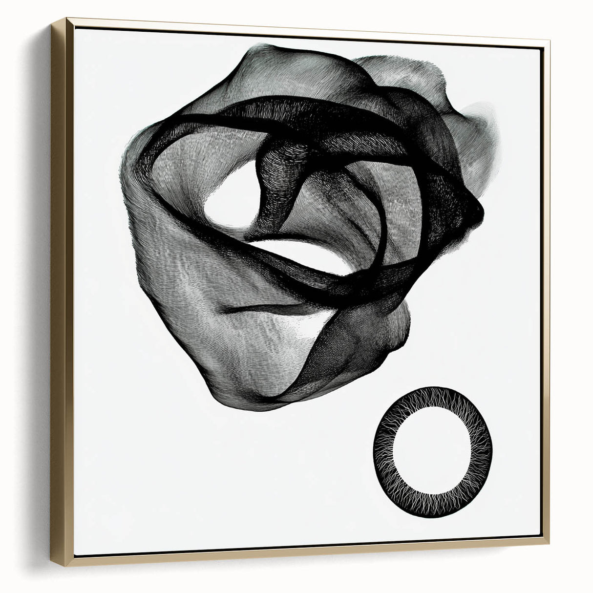 Framed abstract geometric canvas art in silver and gold tones, showcasing modern design elements. Perfect for contemporary home decor accents and stylish interiors.