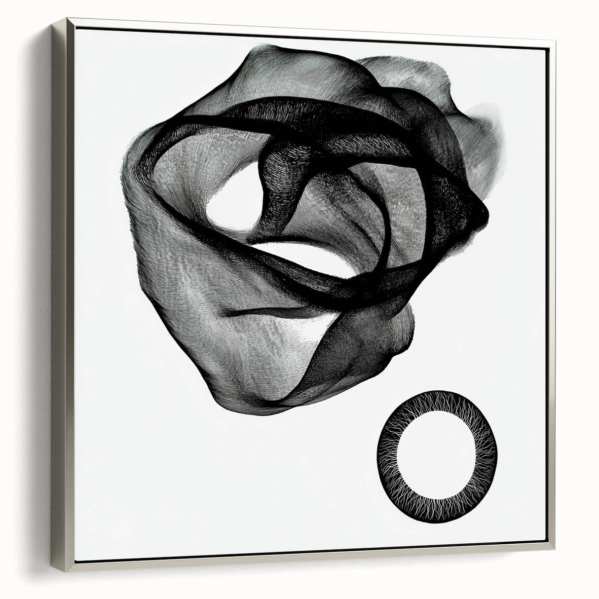 Framed abstract geometric canvas art in silver, showcasing intricate patterns and textures, ideal for modern decor and artistic interiors, side view.