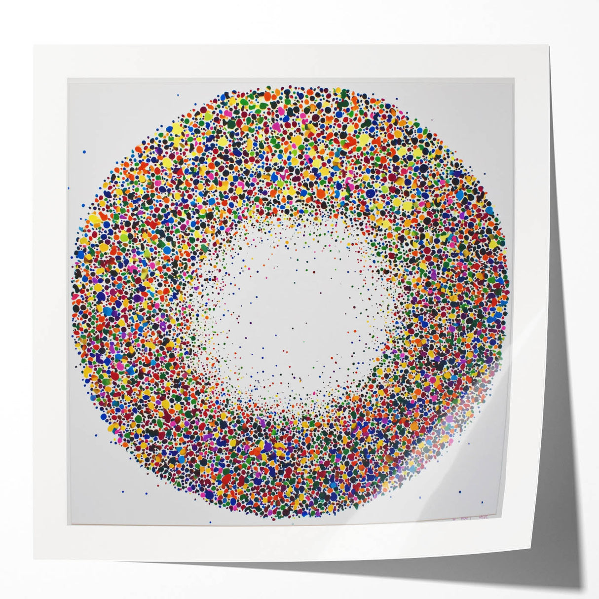 Abstract splatter art print mockup featuring vibrant colors in a glossy finish, showcasing a modern design suitable for contemporary home decor.