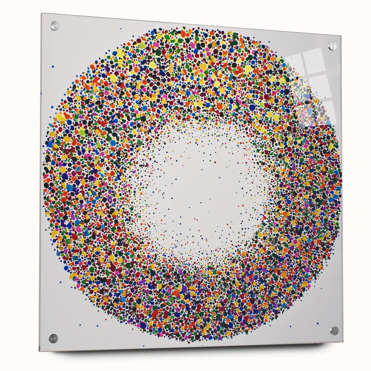 Abstract acrylic glass artwork showcasing vibrant splatters in shades of blue, pink, and yellow, mounted with decorative pins for a modern aesthetic.