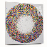 Abstract acrylic glass artwork showcasing vibrant splatters in a side view, emphasizing bold colors and dynamic patterns, perfect for modern home decor.