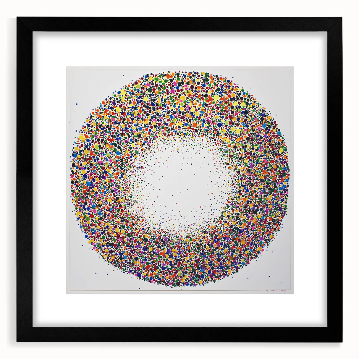 Abstract splatter art frame with a matte black finish, showcasing vibrant colors and dynamic patterns, perfect for modern home decor or gallery displays.