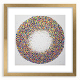 Abstract framed artwork showcasing vibrant splatter patterns in gold tones, elegantly matted for a polished look, ideal for modern home decor or gallery display.