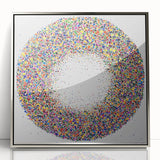 Framed acrylic artwork showcasing a modern design of abstract silver splatters on a white background, ideal for contemporary home decor.