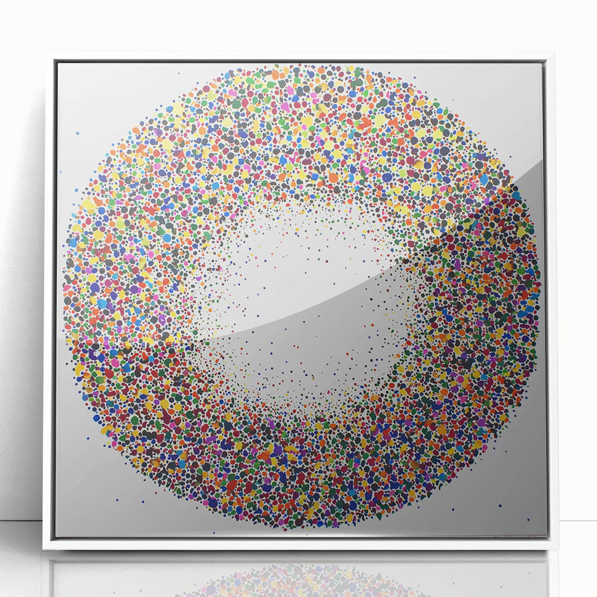 Framed acrylic art piece showcasing abstract splatters in vibrant colors, set against a sleek white background, perfect for modern decor and artistic expression.
