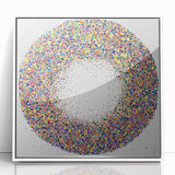 Framed acrylic art piece showcasing abstract splatters in vibrant colors, set against a sleek white background, perfect for modern decor and artistic expression.