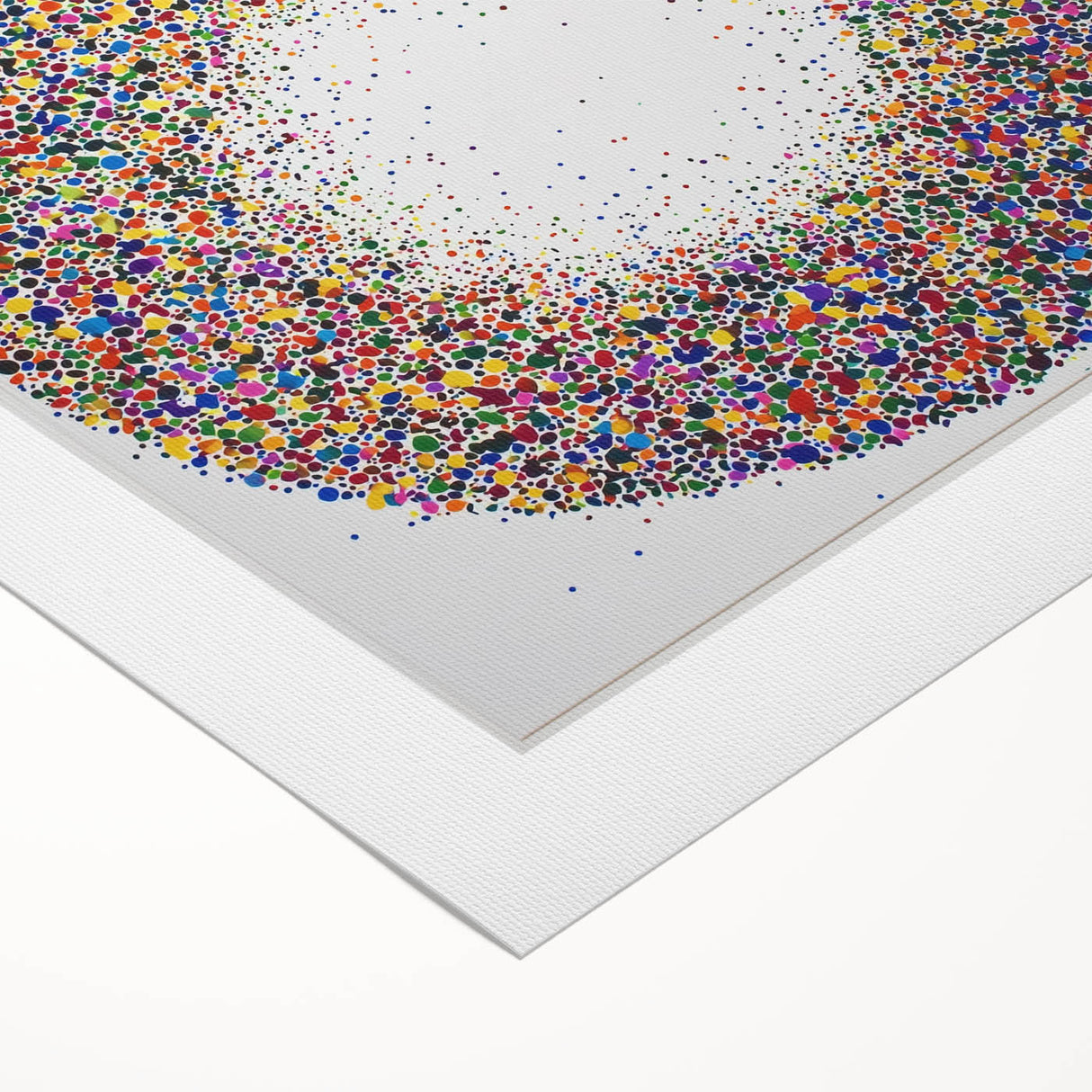 Abstract rolled canvas showcasing vibrant splatters of blue, orange, and yellow paint, ideal for modern home decor. Perfect for art enthusiasts and contemporary spaces.