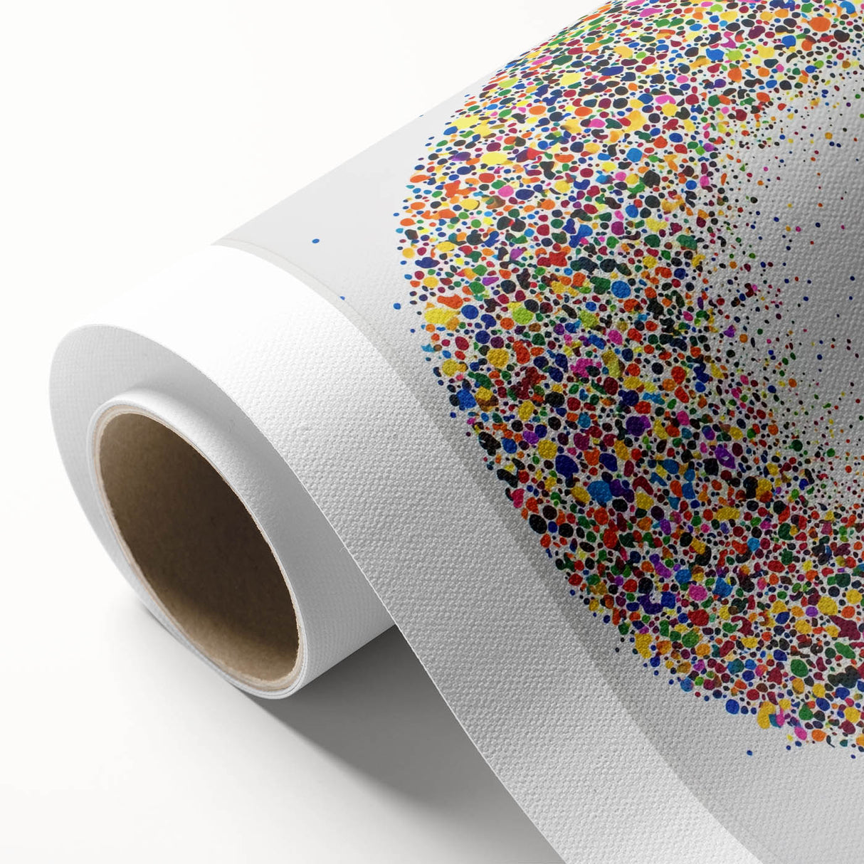 Abstract splatter artwork on rolled canvas showcasing vibrant colors and dynamic patterns, ideal for modern home decor, delivered in protective cardboard packaging.