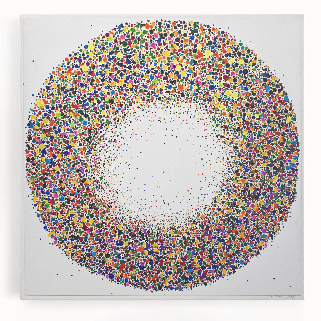 Abstract splatter art on stretched canvas showcasing vibrant colors like blue, orange, and yellow, perfect for modern home decor. Ideal for adding a creative touch to living spaces.
