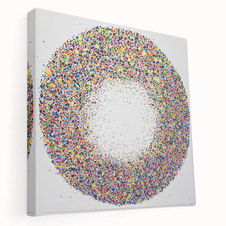 Abstract splatter art stretched canvas showcasing vibrant colors in a dynamic side view, perfect for modern home decor or artistic statement pieces.