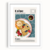 Abstract art print of assorted food dishes in muted earth tones, framed with a white mat, ideal for dining room decor.