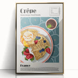 Large art print of various food dishes in a mid-century modernist style on a framed acrylic, with a gold front view.