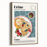 Framed canvas wall art featuring a vintage poster of various food dishes in black and gold tones, suitable for bedroom decor.