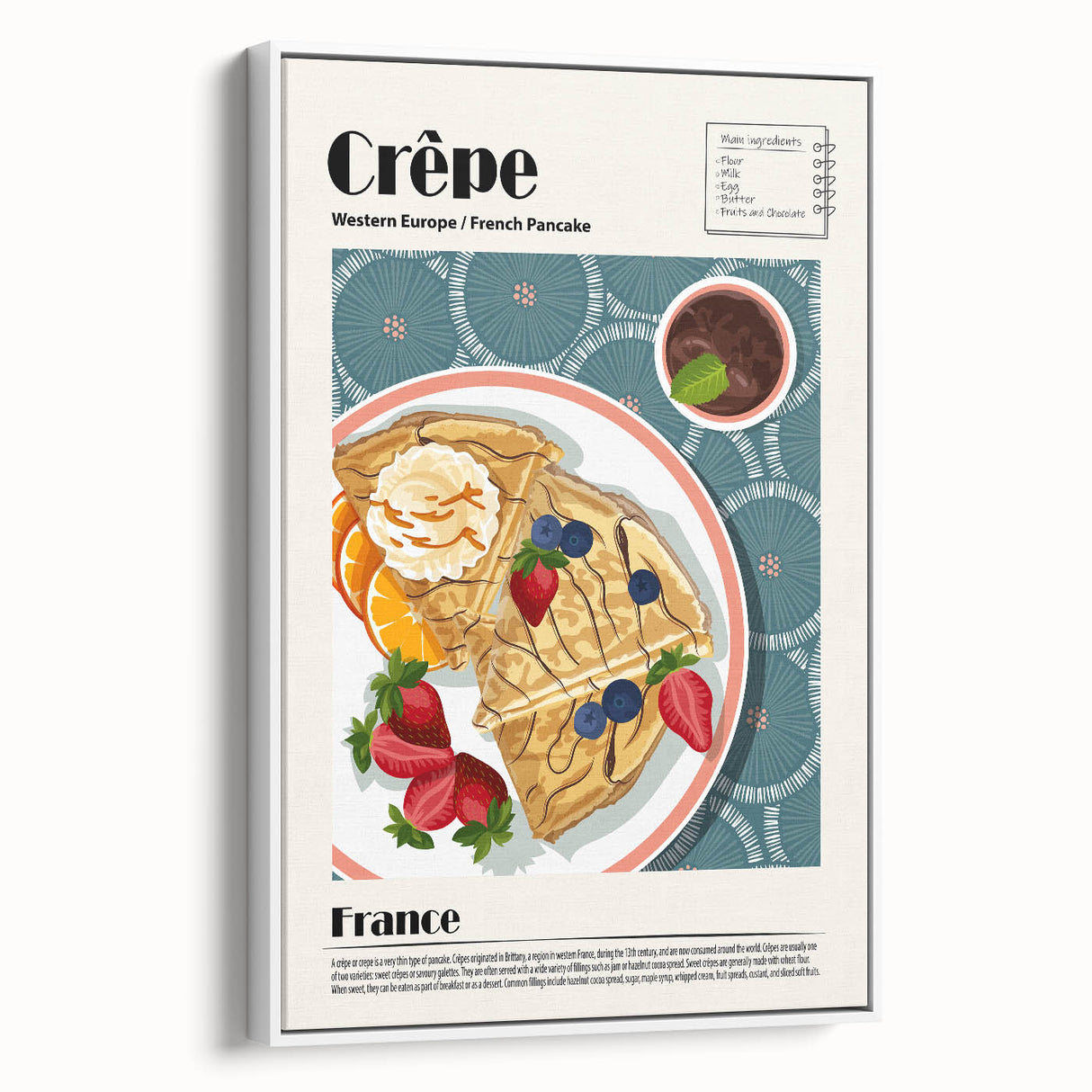 Vintage poster art of colorful food dishes on a large framed canvas, ideal for living room decor.