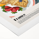 Art deco poster of various colorful food dishes on a rolled canvas, suitable for dining room wall art.