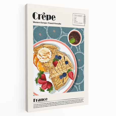 Large stretched canvas featuring an array of illustrated food dishes in vibrant colors, ideal for kitchen wall art.