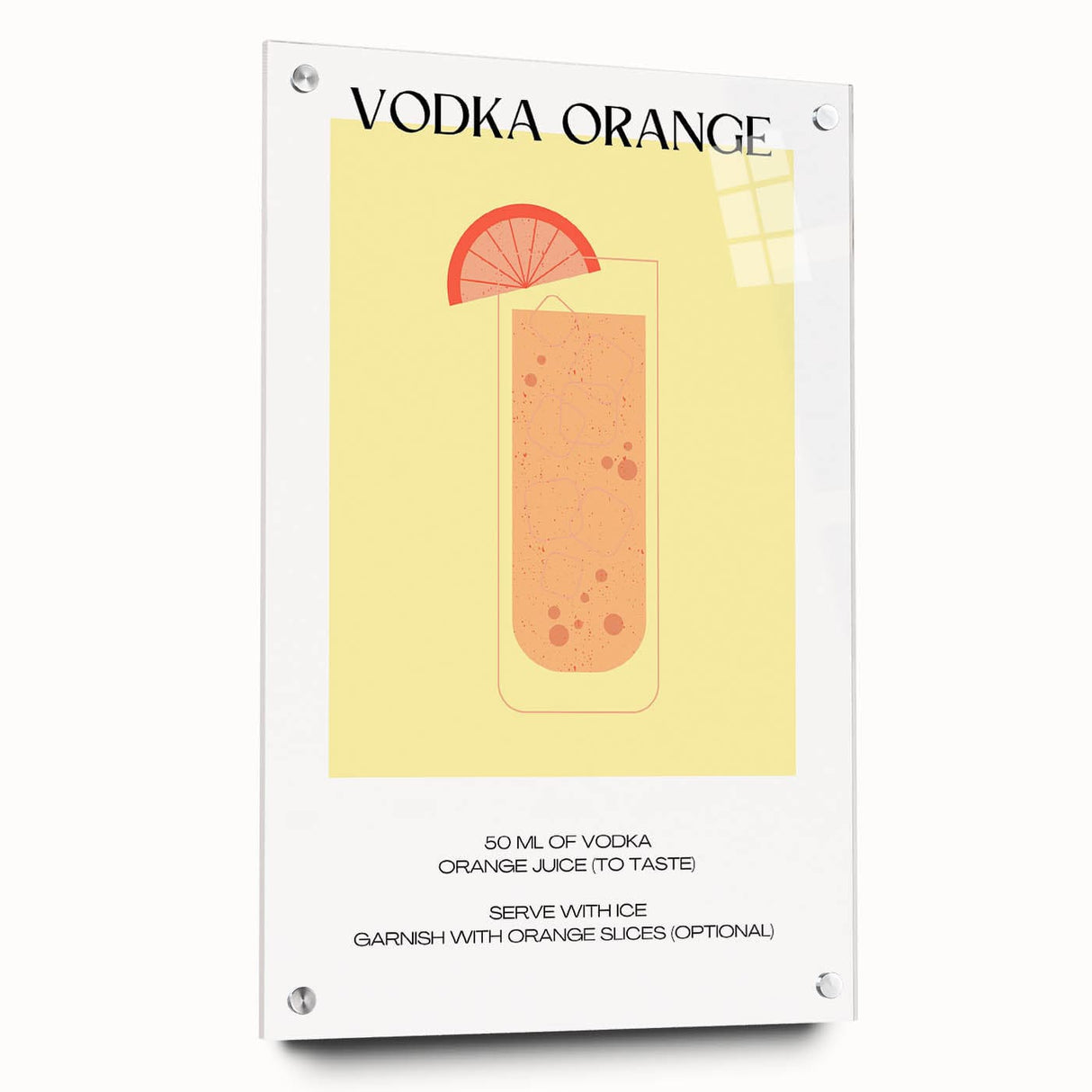 Large abstract wall art on acrylic glass depicting vibrant food and drink motifs, ideal for dining room decor.