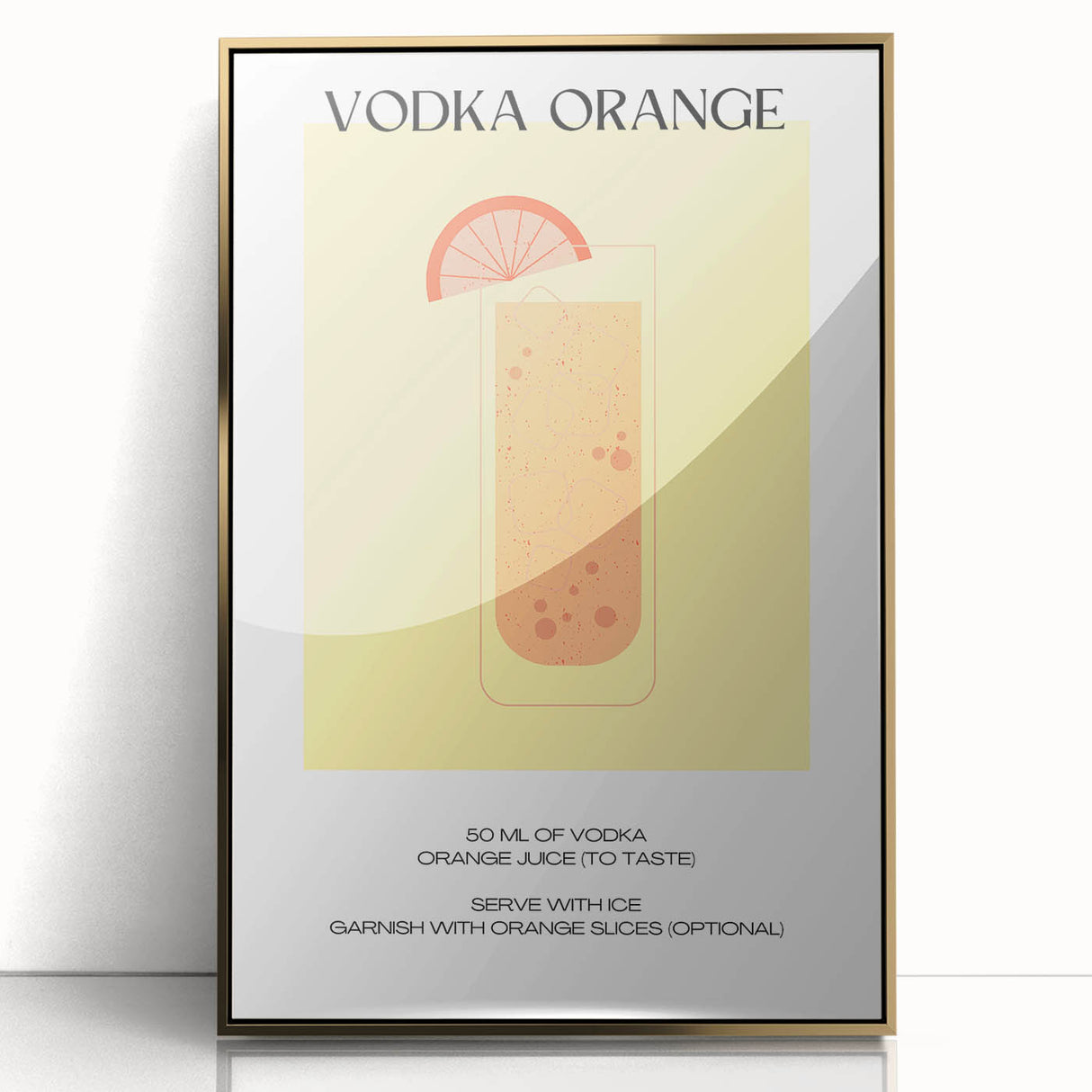 Large art print of food and drinks in a mid-century modernist style, framed in acrylic with gold accents.