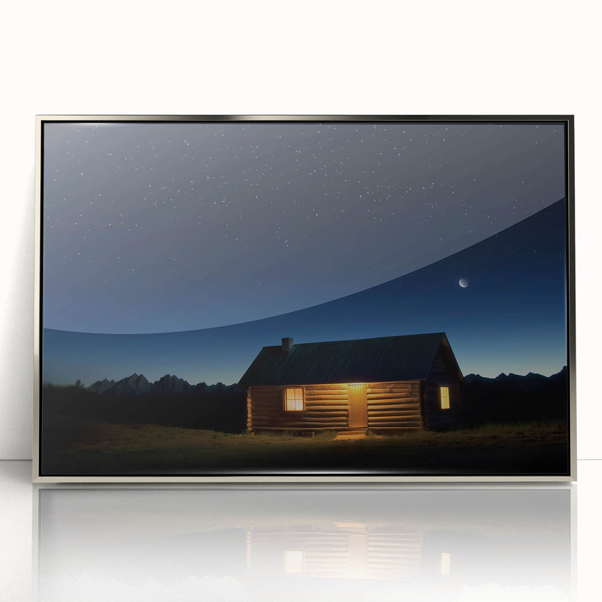 Framed landscape art print of a silver barn against a tranquil backdrop, showcasing intricate details and a modern aesthetic, perfect for enhancing home decor.