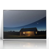 Framed landscape artwork showcasing a serene barn scene with a white acrylic finish, ideal for rustic home decor, enhancing cozy interiors with its tranquil charm.