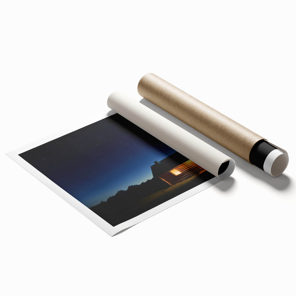 Rolled landscape barn print showcasing a rustic farmhouse scene with vibrant greenery and a clear blue sky, packaged securely in a durable cardboard tube for protection.