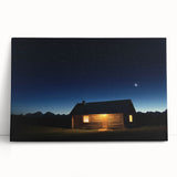 Stretched canvas artwork depicting a serene barn landscape with a vibrant sunset, featuring rich colors and natural elements, ideal for rustic home decor.
