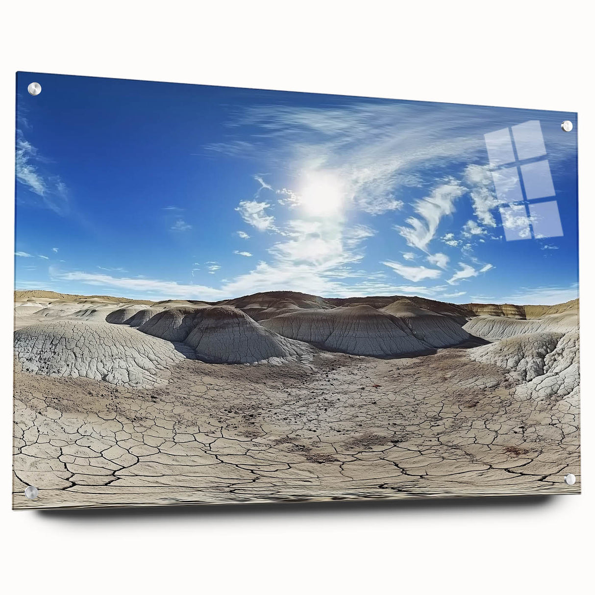 Landscape acrylic artwork showcasing vibrant canyons in rich earth tones, mounted on glass with stylish pins, perfect for enhancing modern decor.