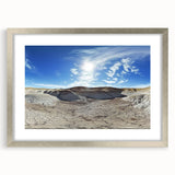 Framed landscape artwork featuring canyons with a silver mat and ornate detailing, ideal for home decor in contemporary or rustic settings. The vibrant colors and unique textures create an inviting focal point for any room.