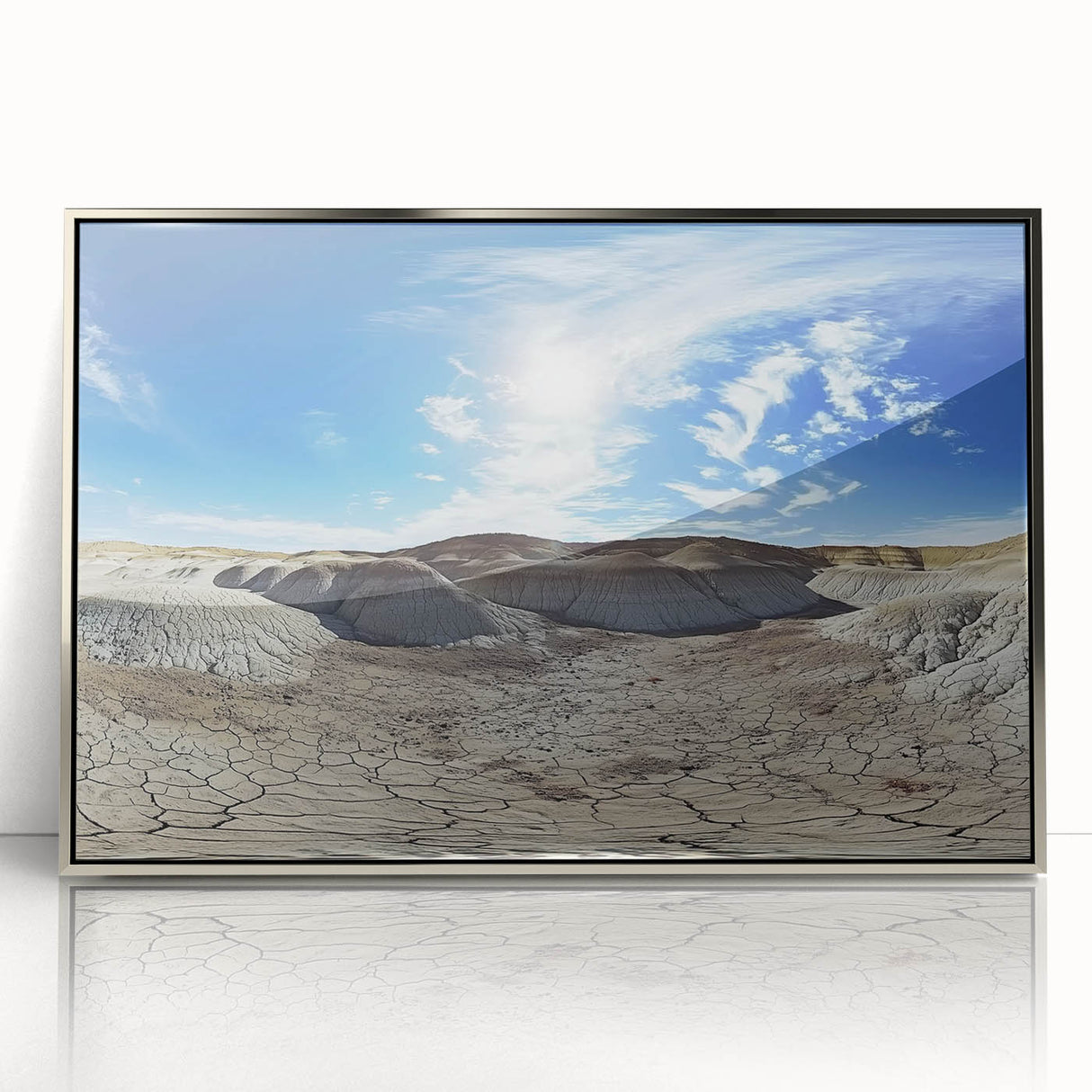 Framed acrylic artwork featuring a stunning landscape of colorful canyons, showcasing rich earth tones and intricate details, perfect for enhancing home decor.
