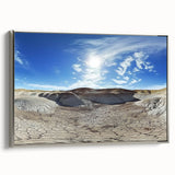 Framed landscape canvas depicting majestic canyons in warm earth tones, displayed from a side view with a sleek silver frame, ideal for enhancing home decor.