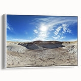 Framed canvas artwork depicting a serene landscape of canyons in earthy tones, with a white frame accentuating the natural beauty, ideal for home decor.