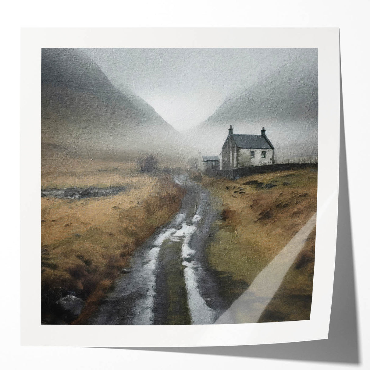 Landscape wall art print showcasing a serene countryside scene with lush greenery and rolling hills, presented in a glossy finish that enhances its vibrant colors.