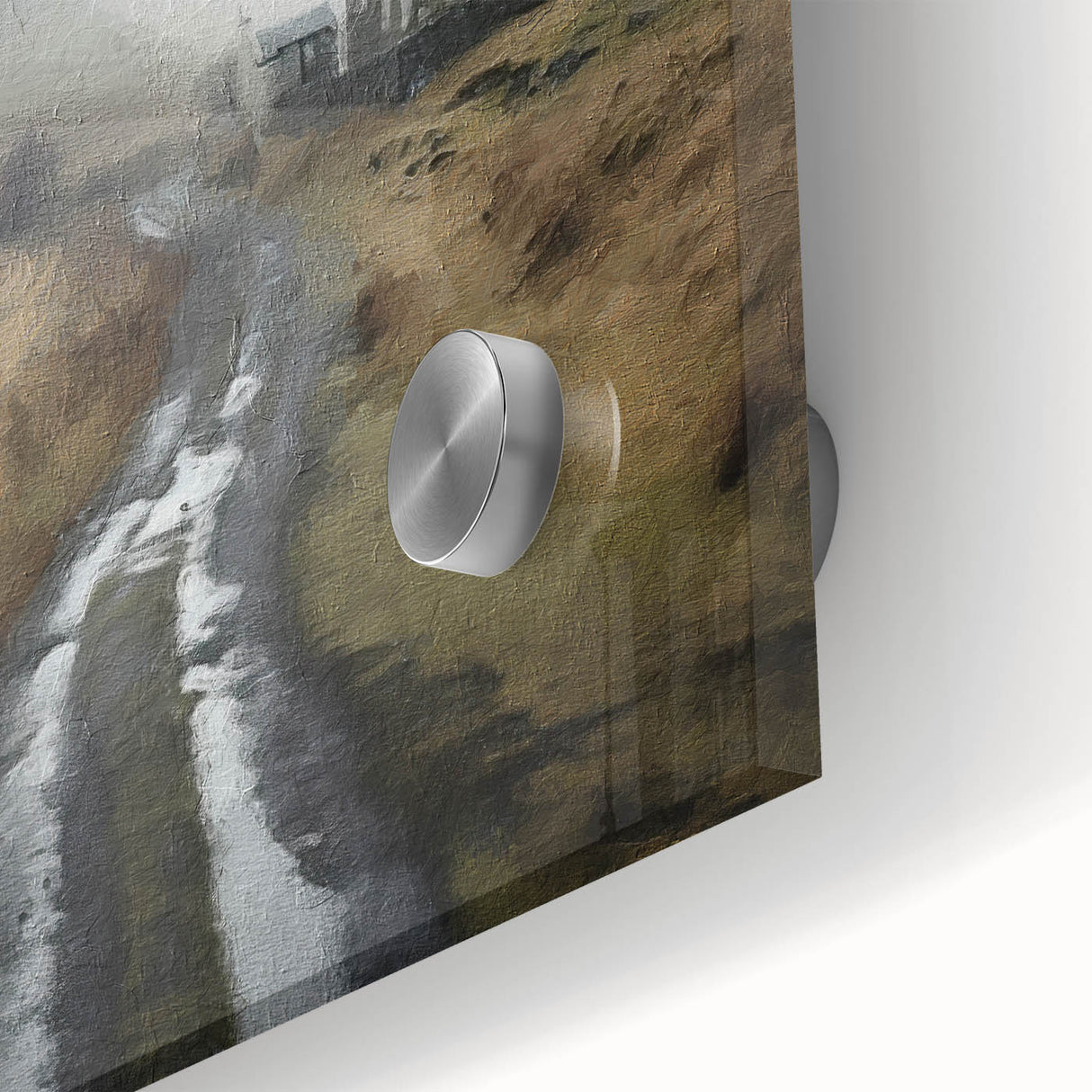 Close-up of a vibrant countryside landscape wall art piece, showcasing lush green fields and a serene sky, printed on acrylic glass for a modern decor touch.