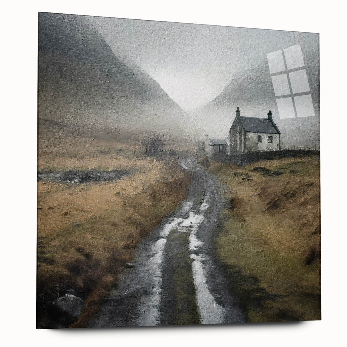 Acrylic glass wall art showcasing a serene countryside landscape with rolling hills and a vibrant sunset, viewed from the side, perfect for home decor.