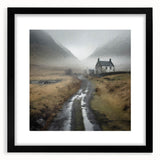 Framed landscape wall art depicting a serene countryside scene, featuring vibrant greens and a clear blue sky, presented in a sleek black frame with a white mat.