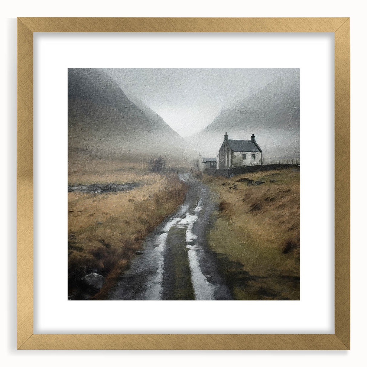 Framed landscape wall art depicting a serene countryside scene with lush greenery and golden matting, enhancing any home decor with elegance and tranquility.