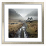 Framed landscape wall art depicting a serene countryside scene, featuring vibrant greens and blues, set in a sleek silver frame with a white mat, perfect for home décor.