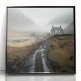 Framed acrylic wall art depicting a serene countryside landscape with lush greenery and rolling hills, featuring a sleek black frame for modern decor.