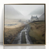 Framed landscape wall art depicting a serene countryside scene with vibrant green fields and a clear blue sky, accented by a sleek gold frame for an elegant touch.