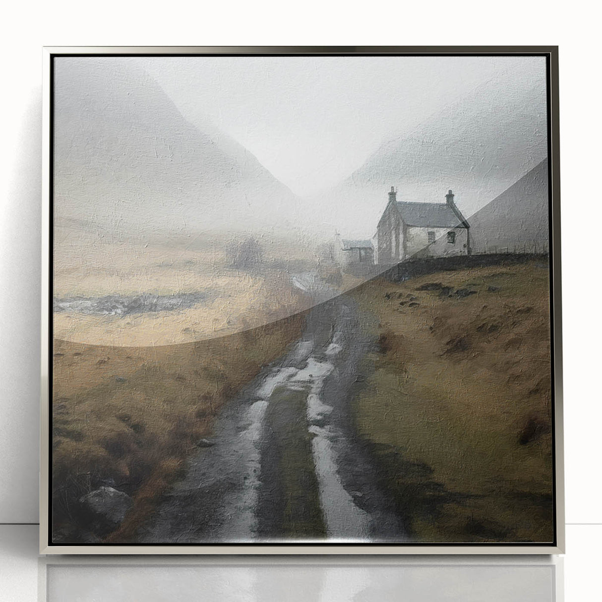 Framed acrylic wall art showcasing a serene countryside landscape with lush greenery and a silver frame, perfect for home decor and adding a touch of nature.