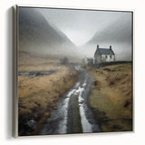 Framed canvas wall art depicting a serene countryside landscape with vibrant greens and blues, featuring a silver frame, perfect for home decor.