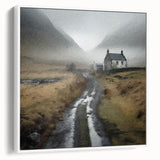 Framed landscape wall art showcasing a serene countryside scene with lush greenery and rolling hills, ideal for home or office decor, presented in a sleek white frame.